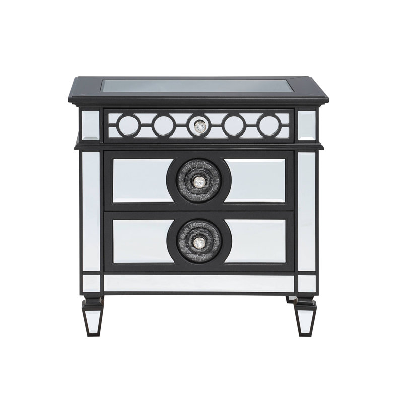 Table de chevet à finition miroir avec 2 tiroirs Glam, Noir / argenté