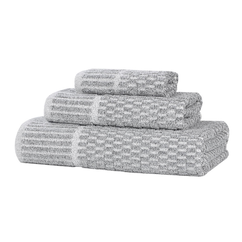 Juno Viscose Cotton Blend Medium Weight Textured Checkered Ribbed Border Towel Set, Charcoal, 3 Piece Towel Set