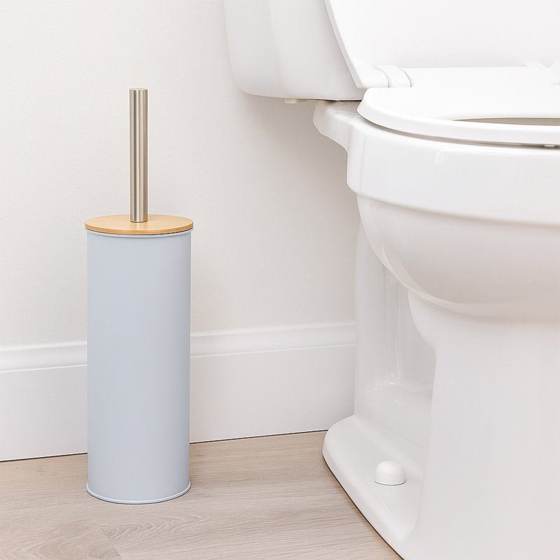 Ensemble de brosse et porte-toilette en métal avec couvercle en bambou, Bleu clair