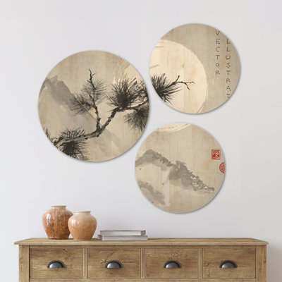 Ensemble de 3 cercles en bois japonais Designart «Pine Tree Branch»