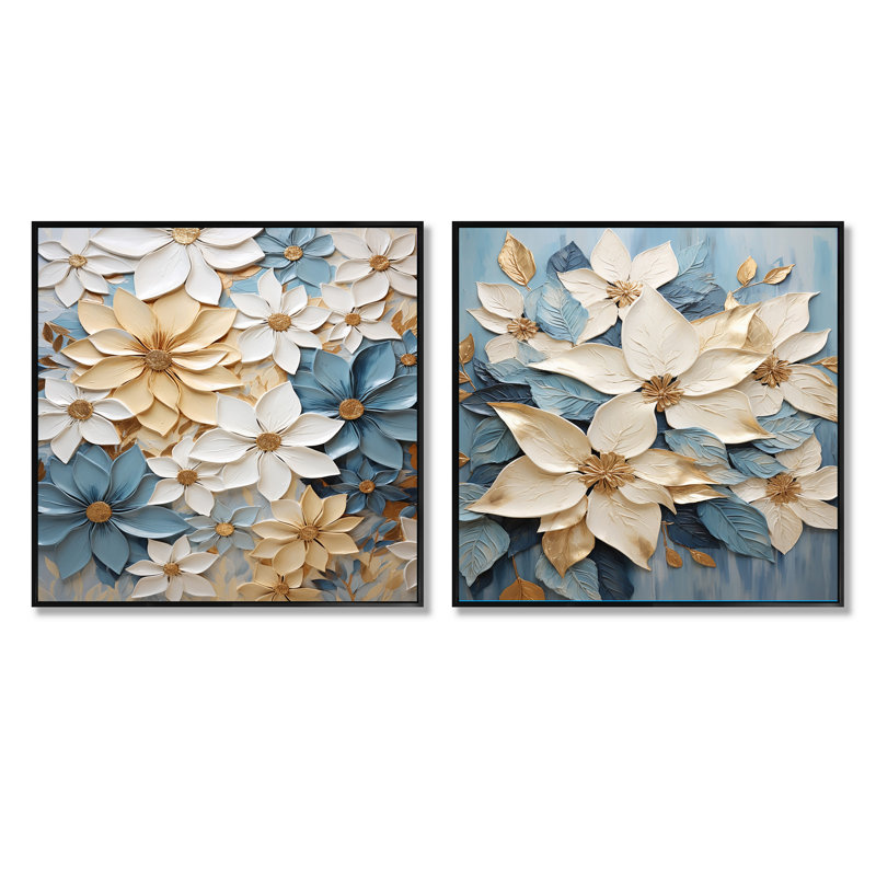 Poinsettias Crafted Delights - Ensemble de 2 collages carrés poinsettias, Cadre flottant noir, H 36 po x l 73 po