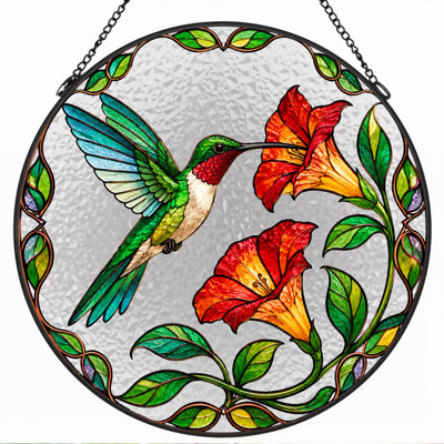 Art mural sur toile, "Colibri et fleurs rouges en verre coloré"