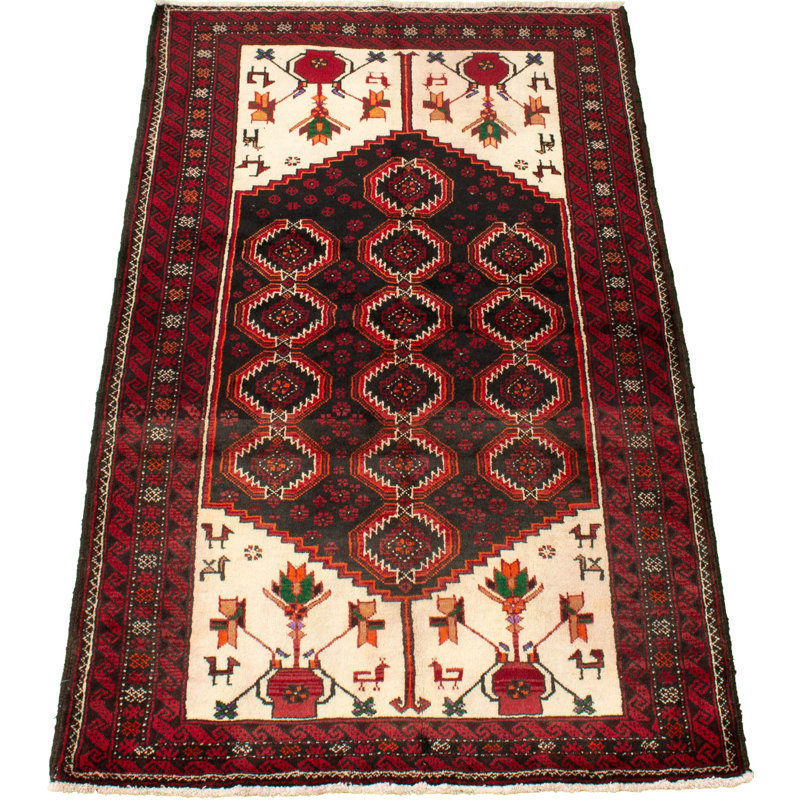 Tapis décoratif en laine noué à la main de conception unique noué à la main anatolian rouge/beige 3 pi 10 po x 6 pi 7 po