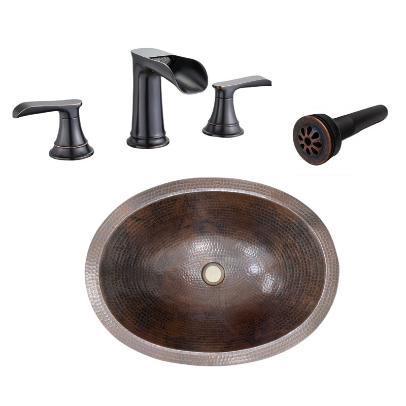 Lavabo de salle de bain ovale en cuivre 16 po, robinet moderne et drain de marguerite inclus