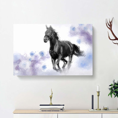 Wild Black Horse In Abstract - Wrapped Canvas Painting
