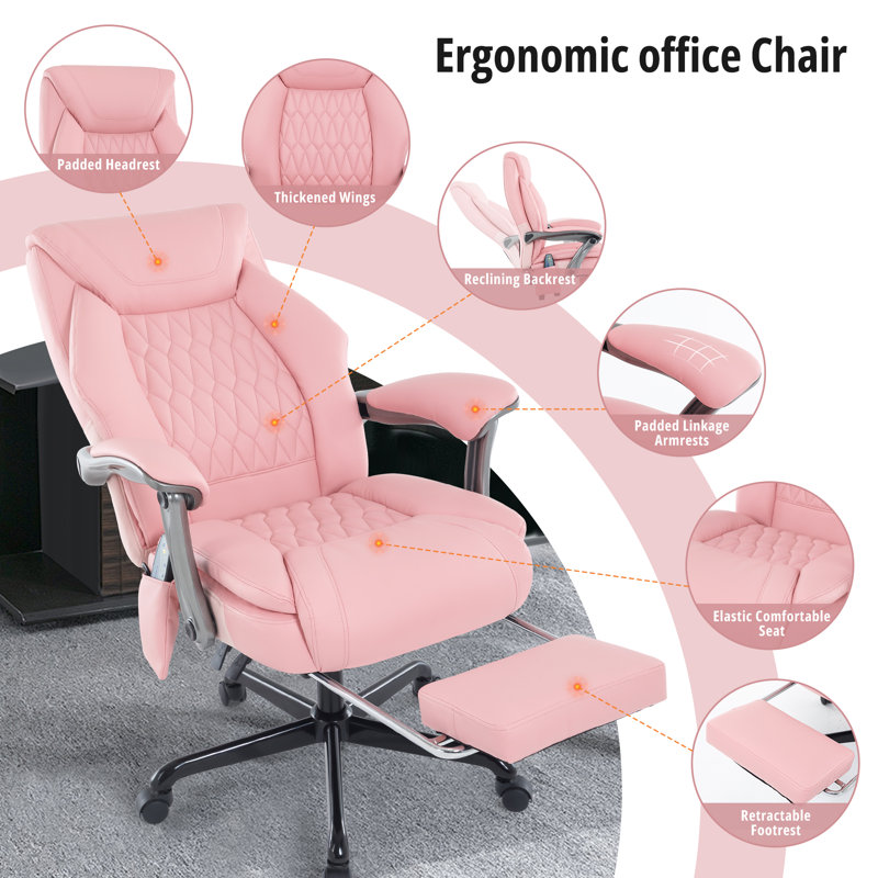 Heavy Duty Ergonomic Leather Executive Office Chair，Modern Massage Office Chair With Heating Function,Pink, Pink