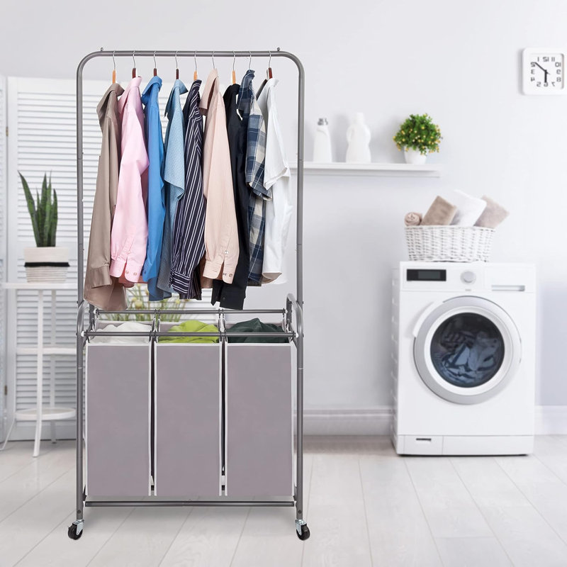 Trieur de linge 136L avec barre de suspension, chariot à linge portable et amovible avec roulettes verrouillables robustes et sacs amovibles, organisateur de panier à linge roulant, 3 sections