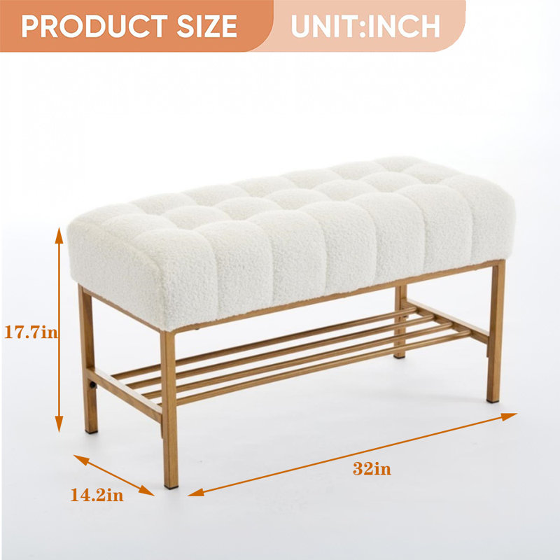 Teddy Fabric Upholstered Storage Shoe Bench, End Of Bed Bench With Shelf, Modern Bedroom Bench With Metal Legs