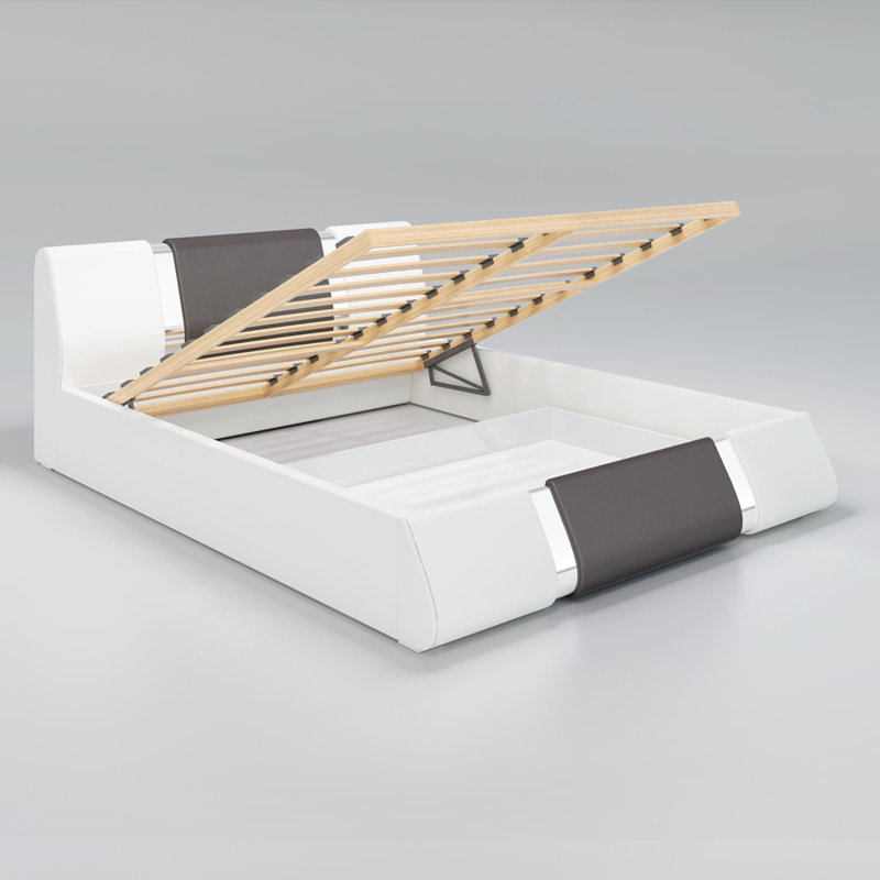 Lit plateforme tapissier avec rangement Baran, Grand, Blanc / gris