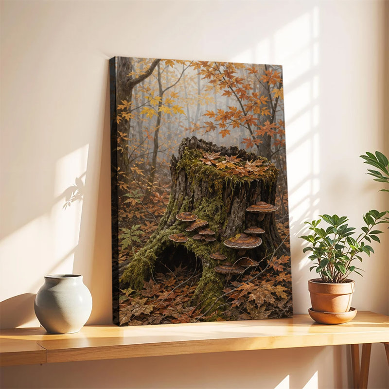 Scène de forêt d'automne brumeux avec souche d'arbre moussu, feuillage d'érable et champignon, art mural rétro sur toile pour la décoration intérieure