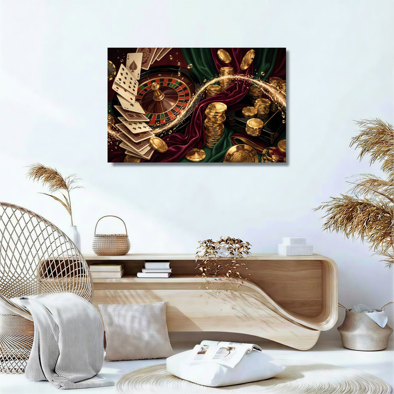 Roulette de roulette, cartes à jouer avec pièces d'or sur toile de velours rouge, H 18 po x l 24 po