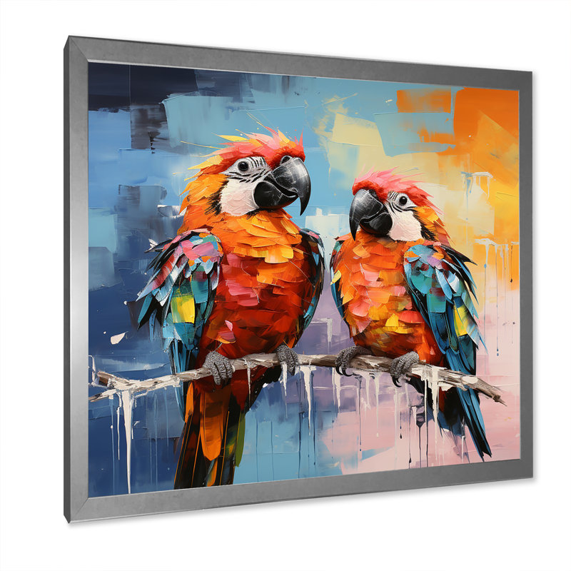 «Vibrant Duets Parrots I» sur toile, H 16 po x l 16 po x P 1 po, Cadre simple argenté