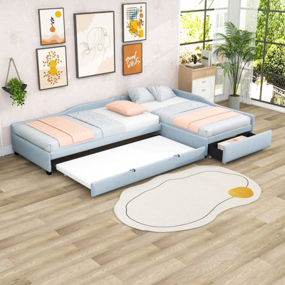 Twin L-Shaped Linen Upholstered Daybed with Twin Trundle and Storage Drawer