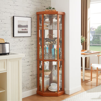 Armoire de coin avec éclairage, dossier en miroir et dispositif de surmatelas pour les meubles chéris dans le système d'éclairage de la collection de salon, tablettes réglables pour le vin