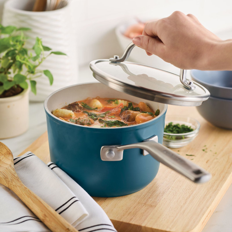 Kitchenaid Hard-Anodized Ceramic Induction Saucepan With Lid, 2-Quart, Agave, Blue
