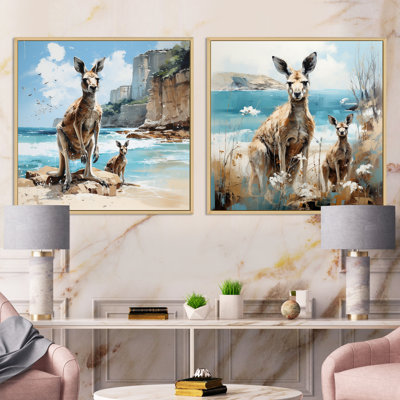 Kangaroo Family In Australia Coast - Animals Kangaroo Square Collage Set Of 2