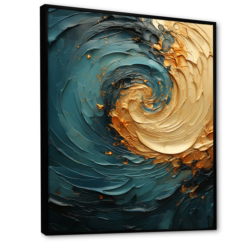 Or bleu sarcelle spirale océan IV - impressions abstraites sur toile, H 32 po x l 16 po x P 1 po, Cadre flottant noir