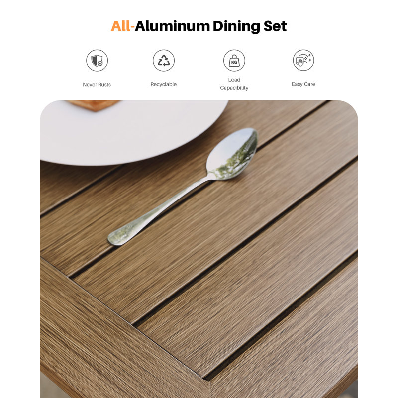 Ensemble de salle à manger d'extérieur 6 pièces antirouille, table 8 personnes en aluminium avec 4 chaises et banc 3 places sans dossier, ensemble de mobilier de jardin avec coussins pour pelouse, terrasse, jardin, brun