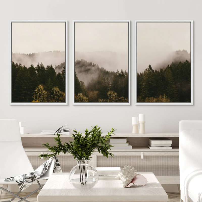 «Misty Forest Landscape Brown Mountain Nature Decor», reproduction de photo sur toile 3 pièces, H 36 po x l 24 po, Blanc