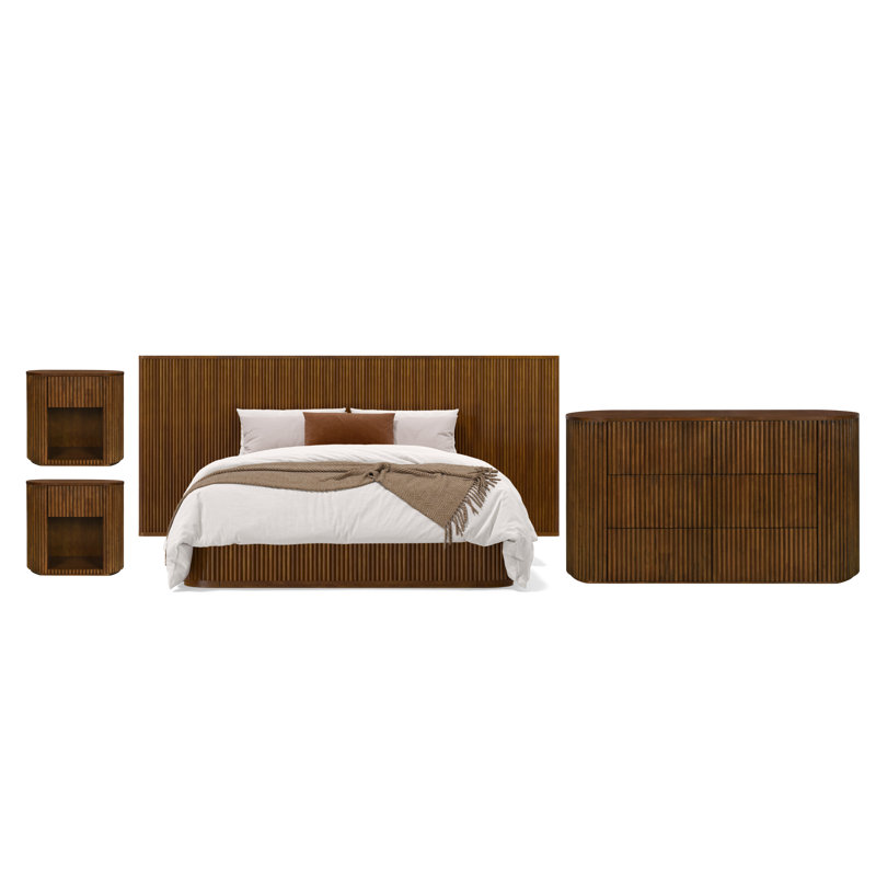 Ellison Fluted Solid Wood 4 Piece Bedroom Set - Queen Extended, Extended + Queen, 4 Pcs: Bed, 2 Nightstands, Dresser
