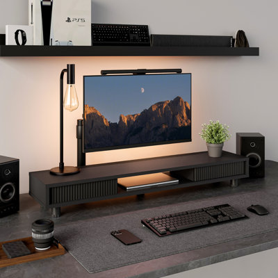 Long Monitor Stands Riser for 2 Monitors with Sliding Door