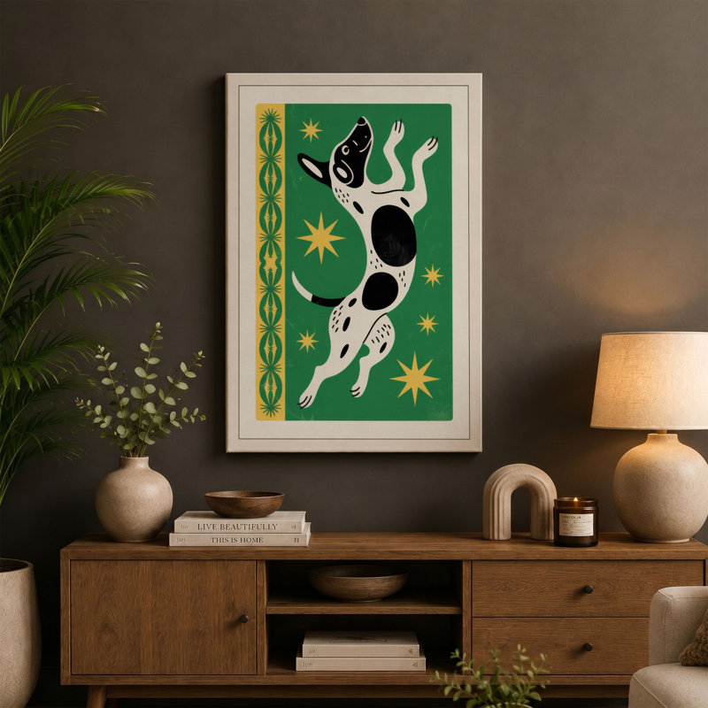 Leaping Cow in Green Geometric 1 Piece Wrapped Canvas Wall Art, 24x16 - 61.0 x 40.6 cm, Ochre Border