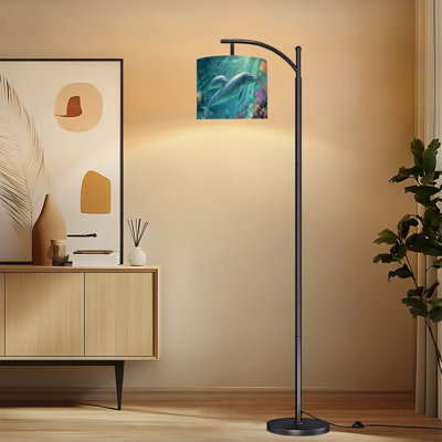 Arc Floor Lamp with Adjustable Lampshade Blue Beach Ocean Dolphin Underwater World Coral Fish Navy Seascape Standing Lamp 3 Color Temperatures Dimmable Tall Pole Lamp with Foot Switch for Bedroom