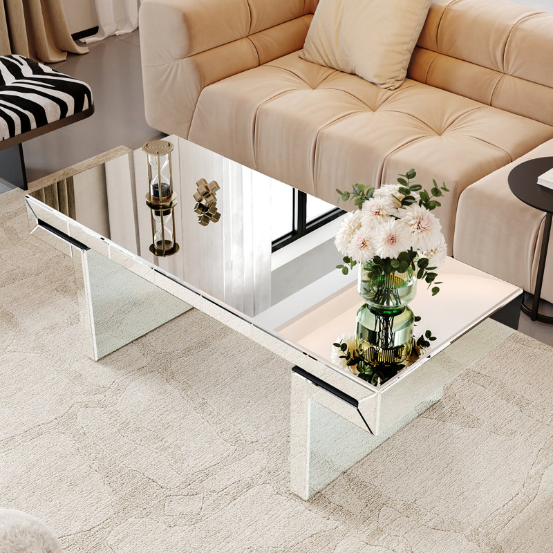 Table basse de 47 pouces avec miroir rectangulaire de luxe, verre trempé cannelé, double protection, s'adapte aux petites pièces absorbant les chocs, pour les intérieurs modernes