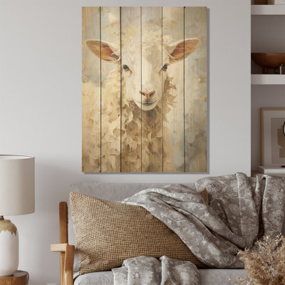 Sheep Portrait - Farm Wood Wall Art On Natural Pine Wood