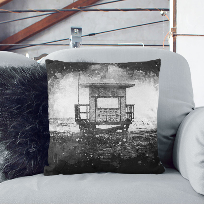 Lifeguard Station upon the Beach Paint Splash Cushion with Filling, 40cm H x 40cm W x 15cm D, White