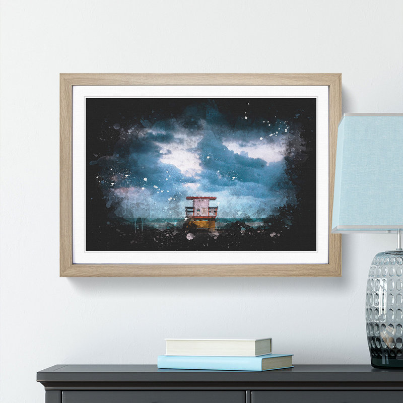 Lifeguard Hut On Miami Beach Florida Paint Splash - Picture Frame Graphic Art, 45cm H x 63cm W x 2cm D, Oak Framed