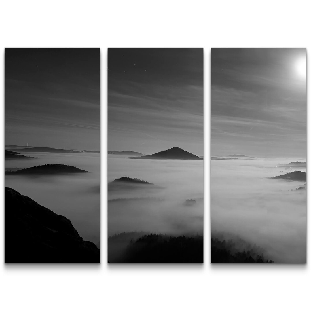 3-tlg. Leinwandbilder-Set Berge im Nebel bei Vollmond