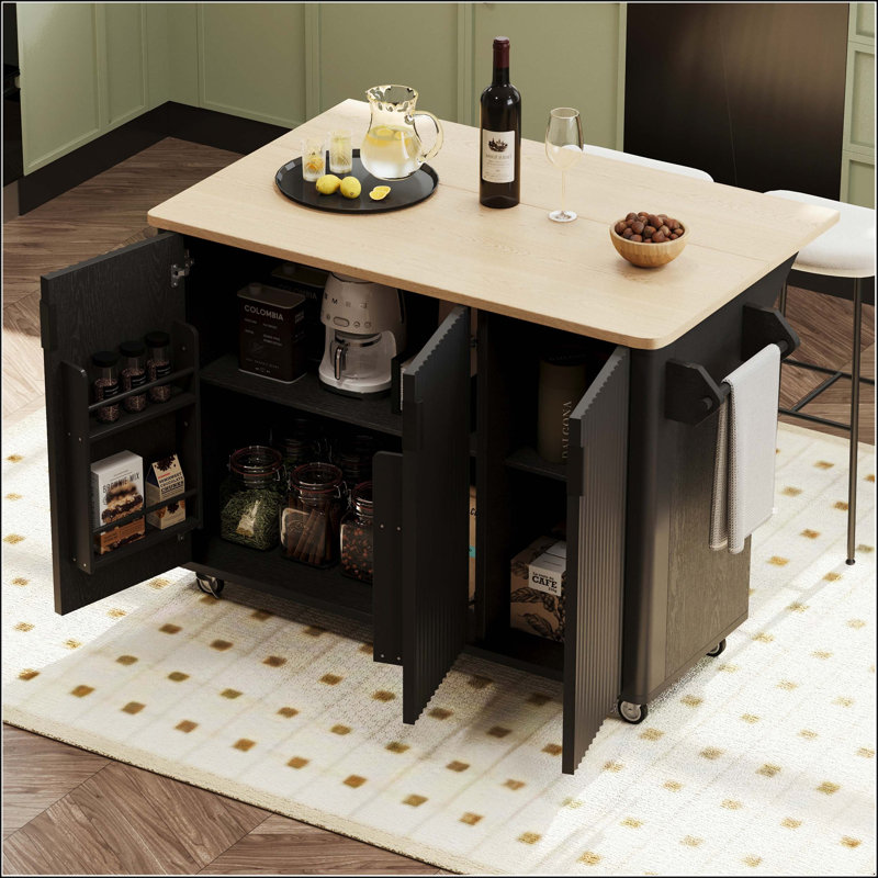 Îlot de cuisine cannelé de 51 po avec rallonge, support de rangement interne et chariot roulant, Black