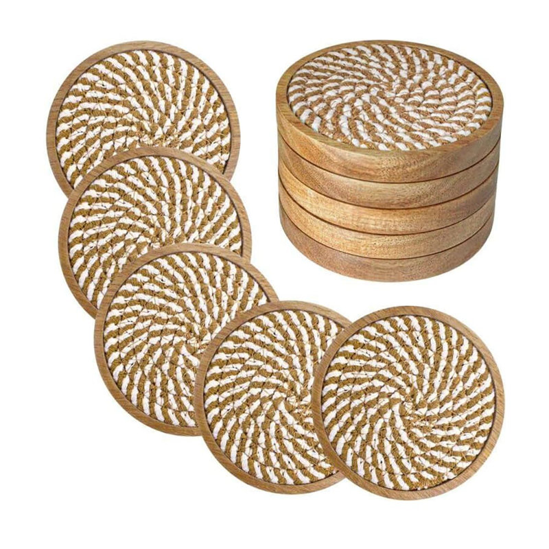 4.3" 5-Pack Brown Absorbent Woven Wooden Coasters - Farmhouse Kitchen Bar Mat
