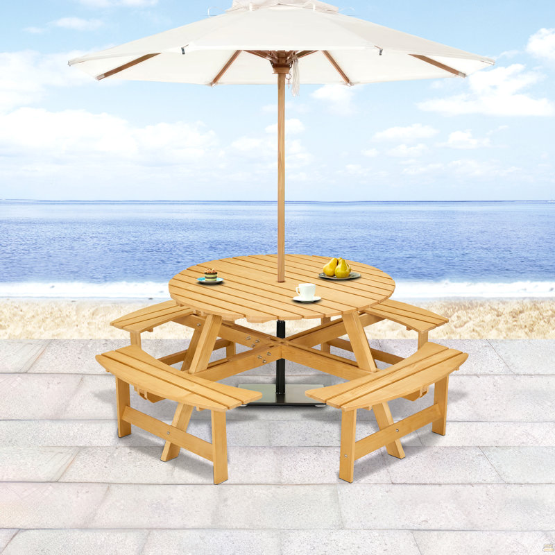 Ensemble de table de pique-nique 8 personnes avec 4 bancs intégrés et trou pour parasol