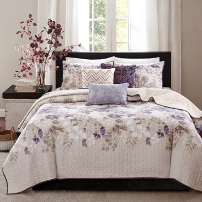 6 courtepointe aquarelle à motif floral, microfibre, coussins décoratifs inclus, très grand lit. Imprimé, matériau en microfibre, tissu inversé doux brossé