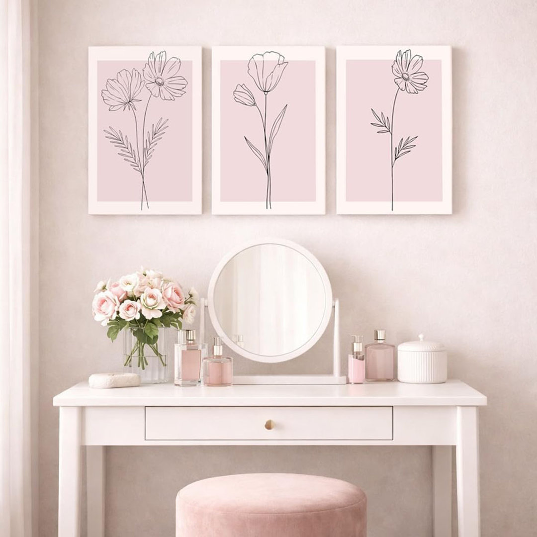 Pink Wall Art Set Of 3 Framed, Blush Pink Floral Canvas Wall Decor Pictures, Minimalist Botanical Line Art Prints For Girls Bedroom Teen Room Living R
