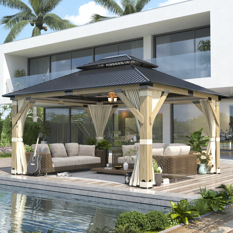 Outdoor Solid Wood Patio Hardtop Gazebo, 15 Ft. W x 13 Ft. D
