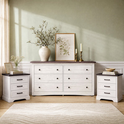 Farmhouse 3-Piece Bedroom Set, White Wash 6-Drawers Dresser with 2 Nightstands