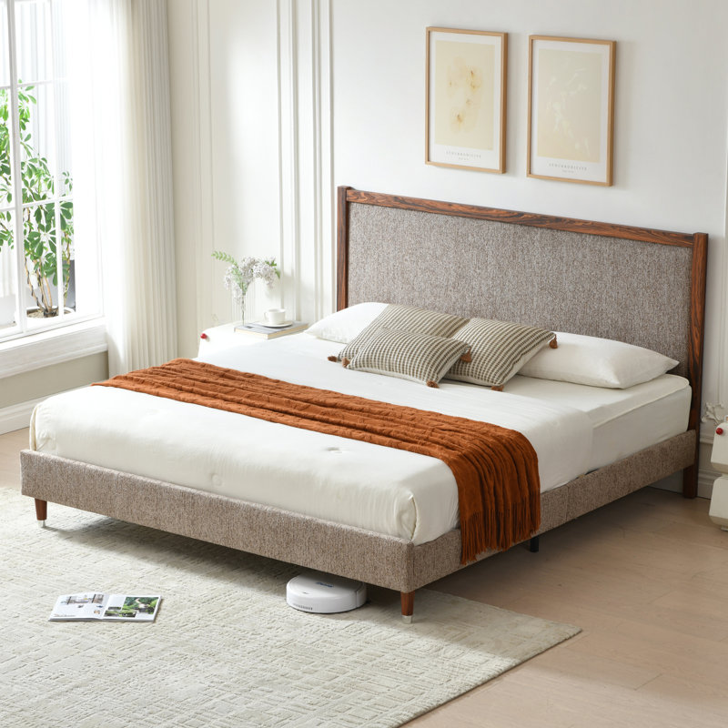 Lit plateforme en bois avec base rembourrée, Café, King