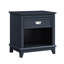 Table de chevet bleu marine de style chambre à coucher classique, un tiroir, des glissières à roulement, un rangement avec tiroir et tablette, sans assemblage