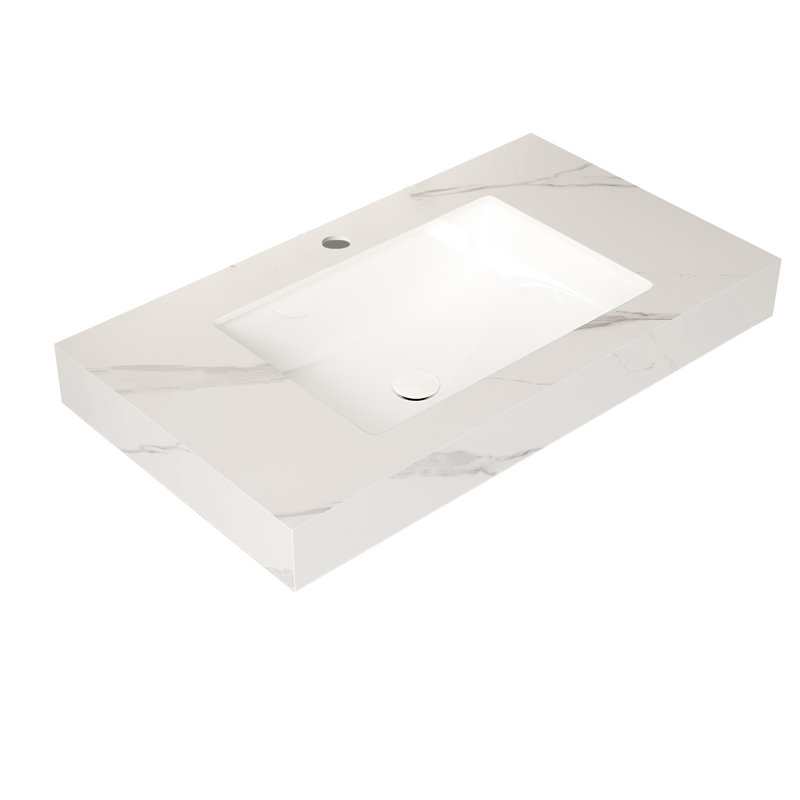 Comptoir en pierre frittée blanche de 36 po et lavabo encastré en céramique avec un trou standard pré-percé, sans armoire, sans robinet et couvercle de lavabo