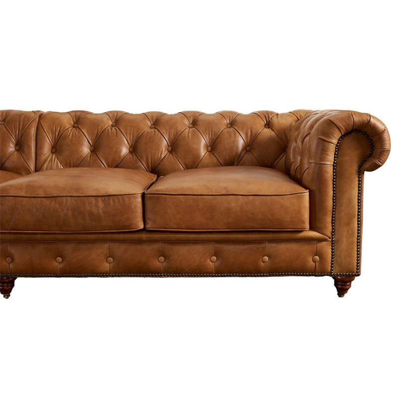 Upholstered 118'' Sofa, Light Chestnut Genuine Leather