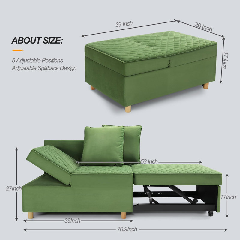 Canapé-lit sans accoudoirs en velours 71 po Ferreira, Vert