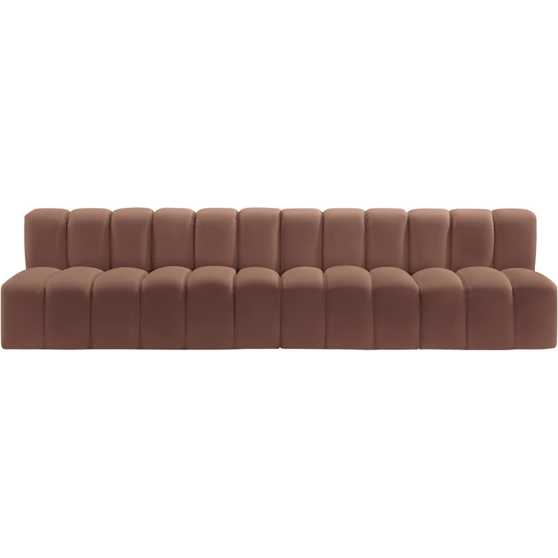 Hylee Upholstered 119'' Sofa, Cognac Vegan Leather