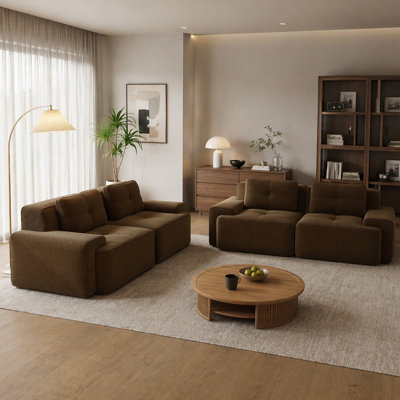 Un ensemble de deux canapés à deux places, fabriqué en tissu de velours côtelé, passepoil perlé, conception touffetée, sans assemblage, conception antidérapante, convient aux salons, appartements et studios, brun