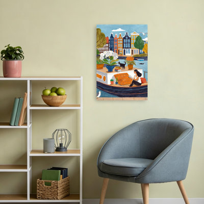 Amsterdam City Life On A Houseboat Colorful Peaceful Serene Bird Cat City Landscape Wall Art Print 1 Piece Wrapped Canvas Wall Art