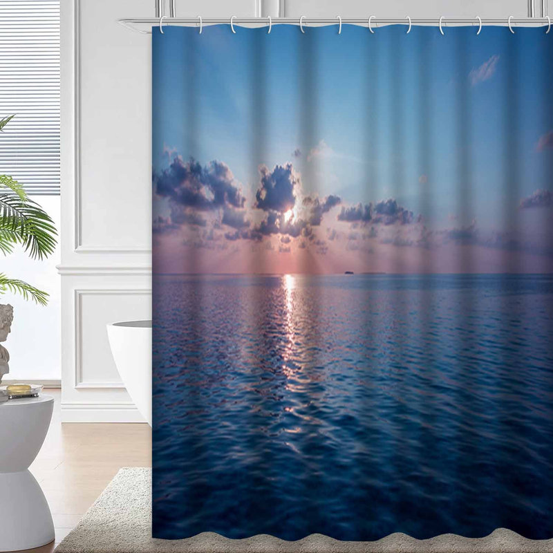 Sunset Ocean Rays Sun Clouds Sky Shower Curtain with 12 Hooks, 72" L x 78" W