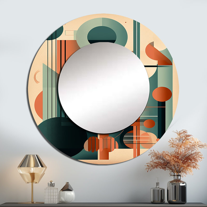 Quadijah Orange And Green Mid Century Momentum IV - Midcentury Modern Mirror, Modern Round Decorative Wall Mirror, Printed Metal Art