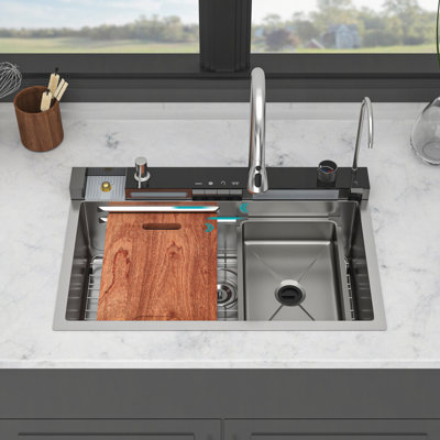 30" Kitchen Sink Waterfall Sink - 30 x 19 x 9" Multifunction Single Bowl 16 Gauge Stainless Steel Ledge Workstation Smart Top Mount Kitchen Sinks